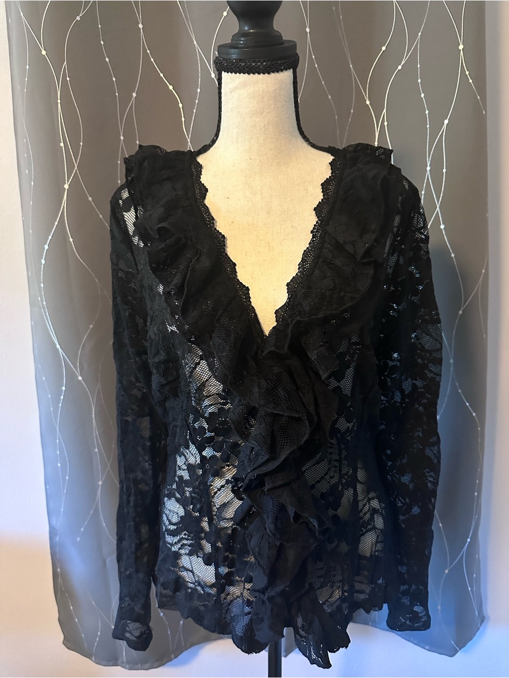 New York & Company - Black Lace Ruffle V-Neck Top